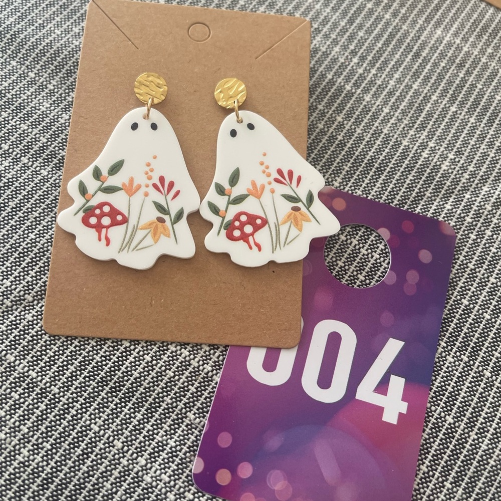 White Ghost Earrings with Floral Design